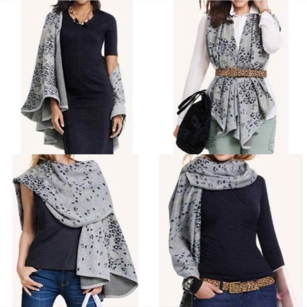 CAbi #3115 Gigi Leopard Gray Cape Shawl Cardigan Sweater